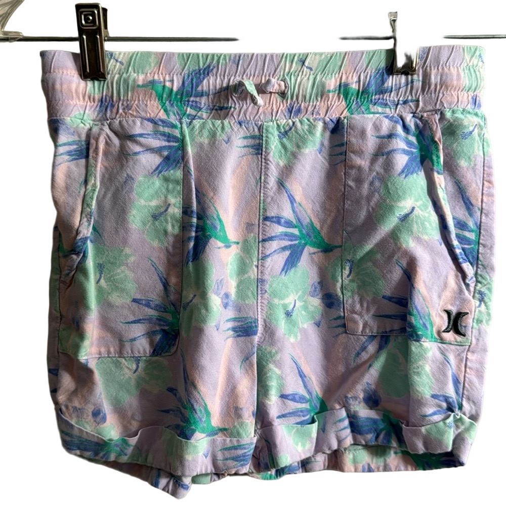 Hurley Woven Elastic Waistband Shorts Girls M Light Lavender Tropical Pull On